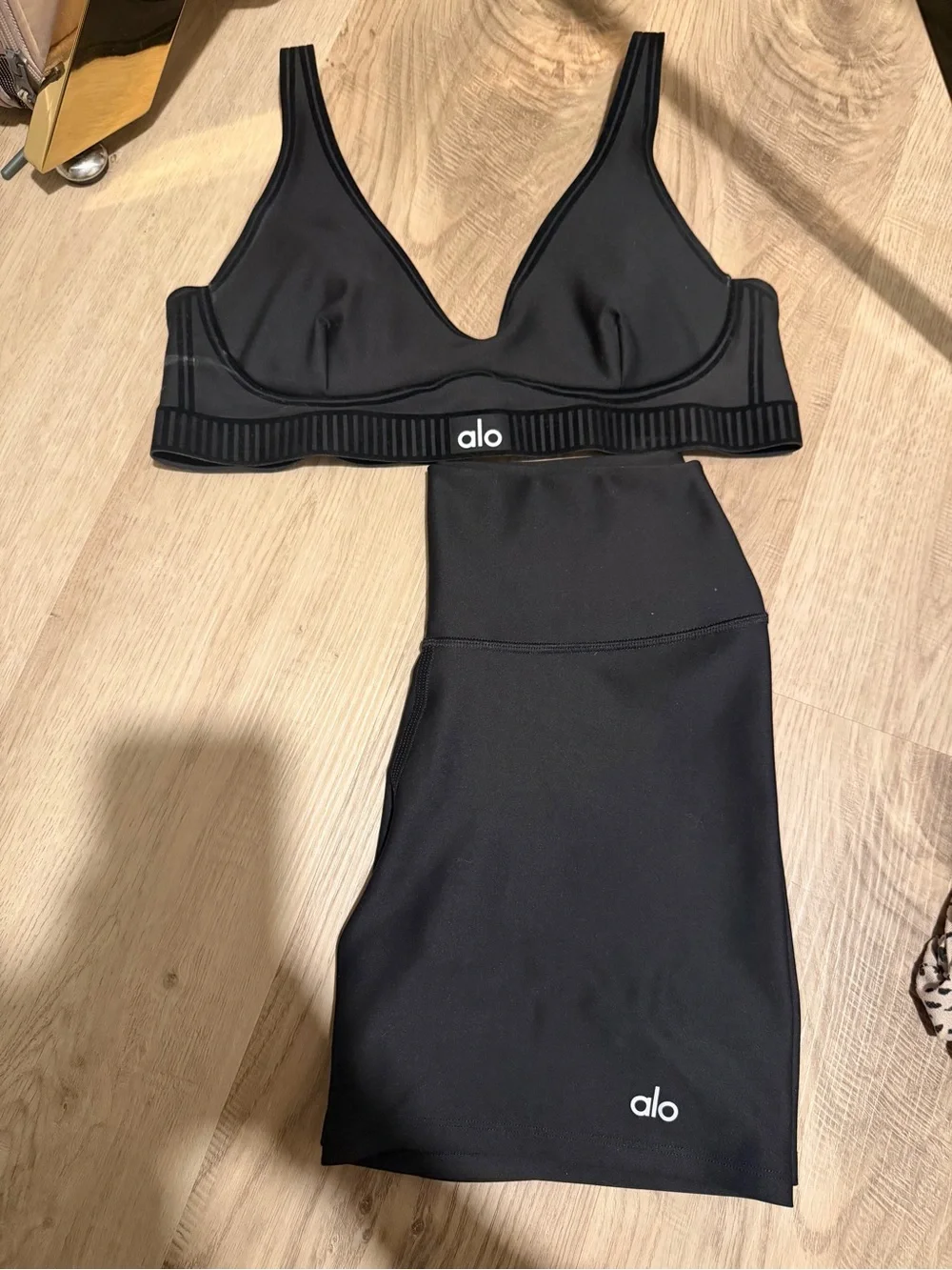 ALO Yoga Black V-Neck Bralette and High-Waist Short Set